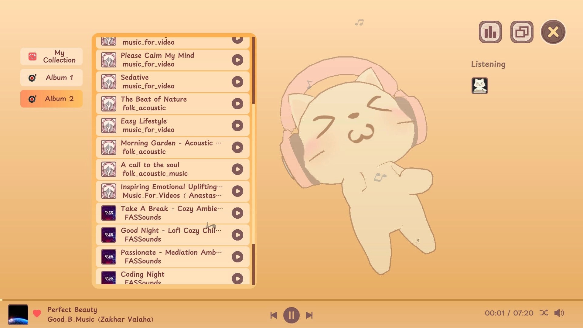 NoSlack Pets: Cat wearing headphones enjoys music playlist in cozy virtual room environment.