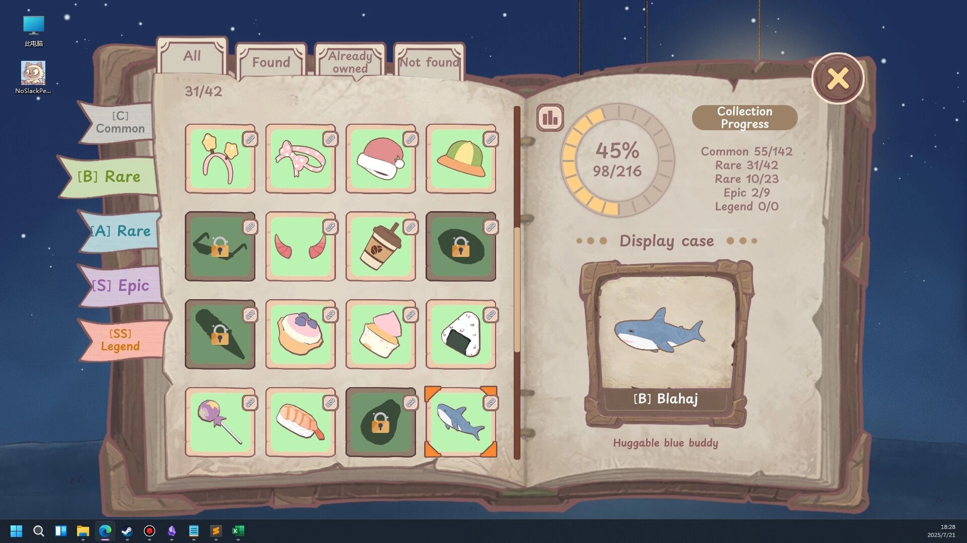 NoSlack Pets: Collection book showing headgear items, collection progress, and Blahaj display case.