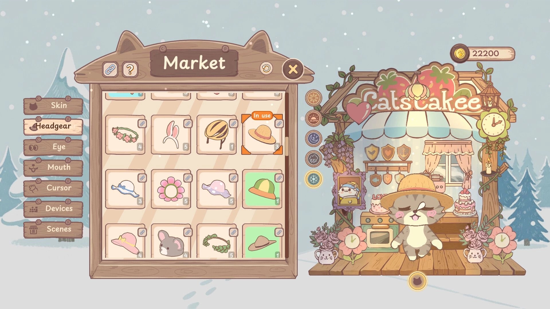 NoSlack Pets: Cat in straw hat at "Catscake" shop beside headgear market menu in snowy village setting
