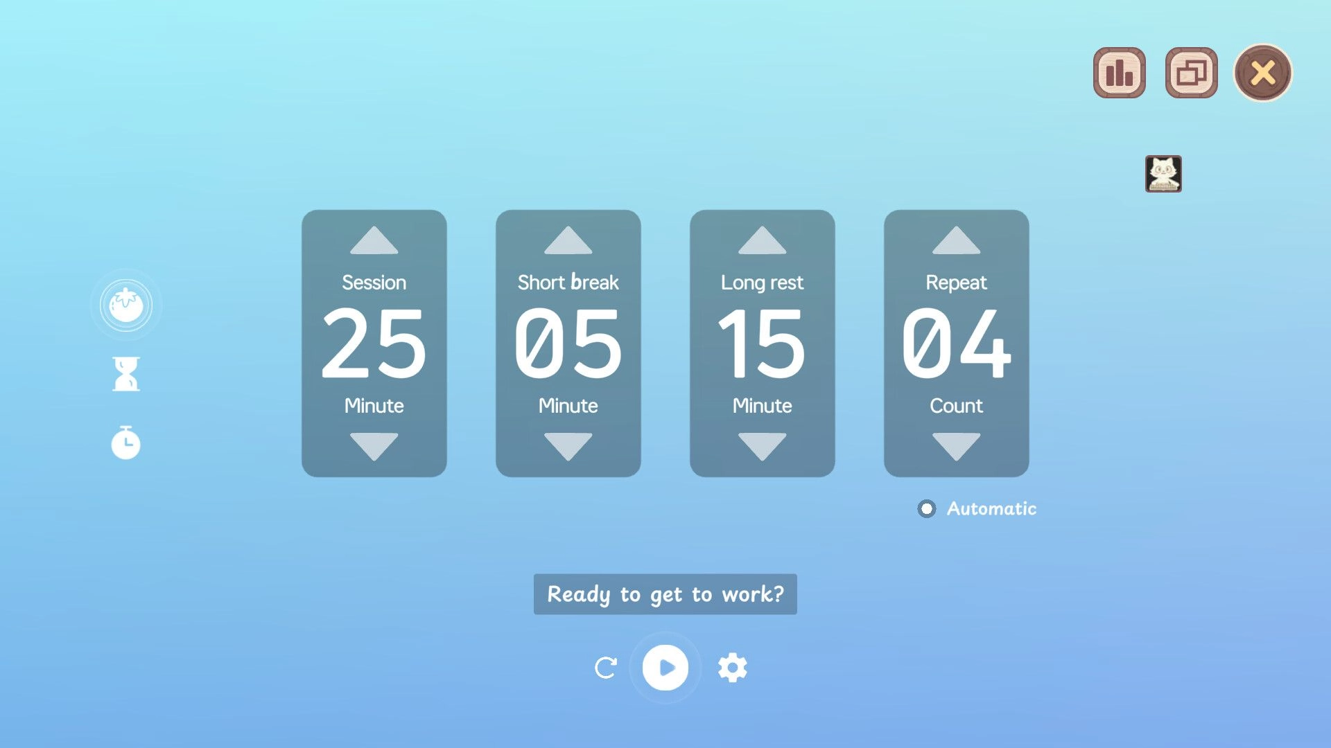 NoSlack Pets: Pomodoro timer settings interface with session, break, and repeat options on blue background