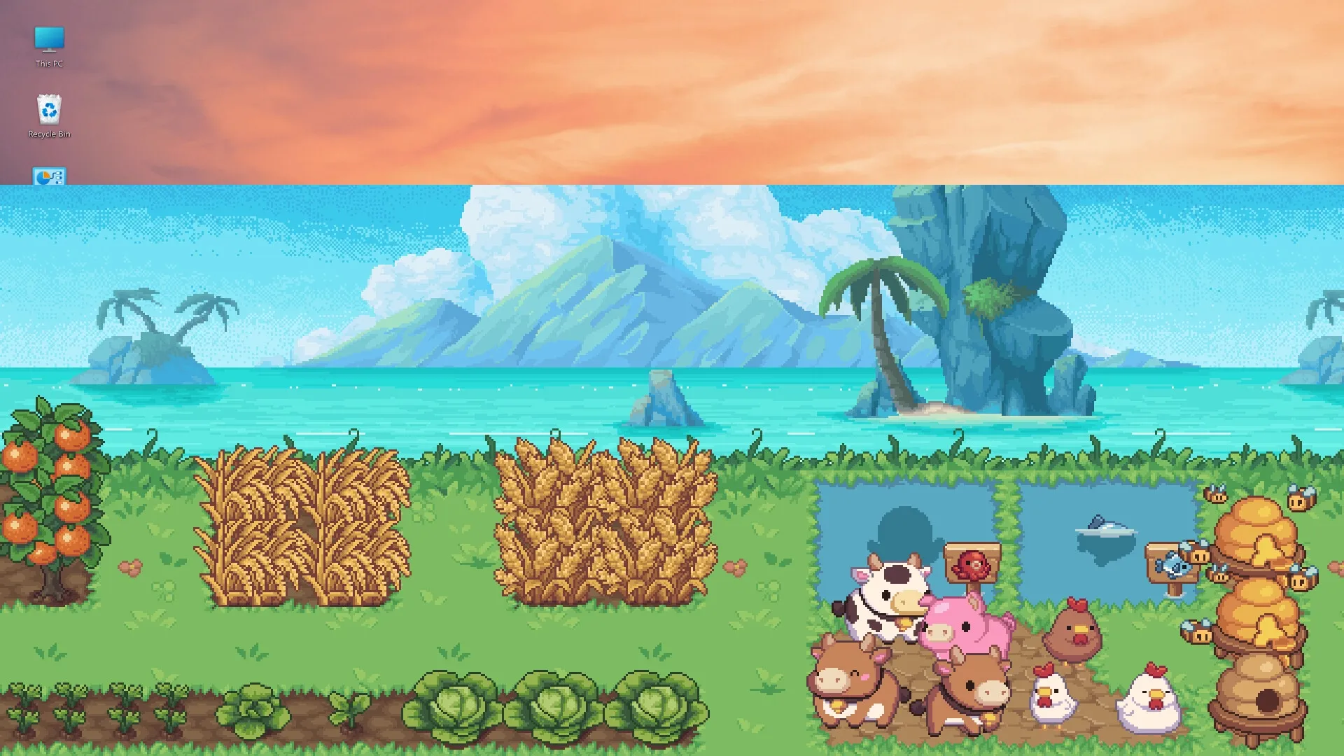 Not Monday Cafe: Farm with cows, chickens, beehives, and crops beside a tropical island backdrop