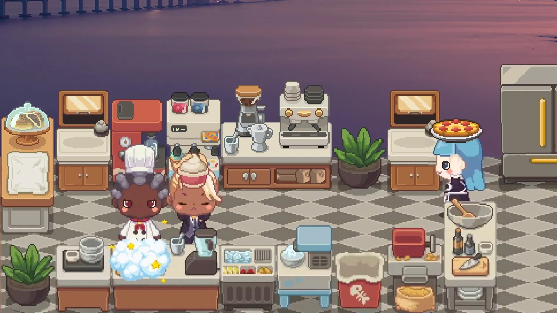 Not Monday Cafe: Two chefs preparing drinks and pizza in a cozy cafe kitchen with various appliances.