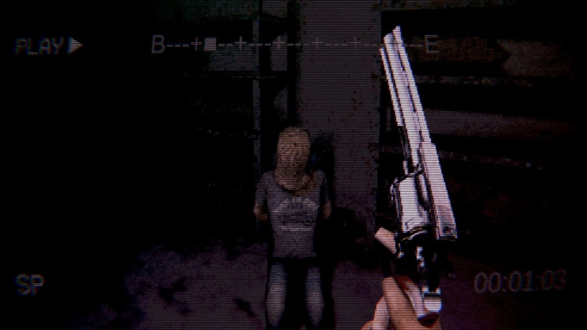 Not My Hand: VHS-style first-person view aiming a revolver at a woman by a dark doorway indoors.