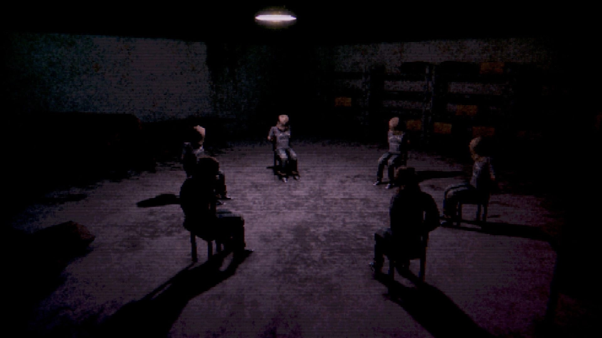 Not My Hand: Five figures seated in a circle under a single lamp in a dark storage room.