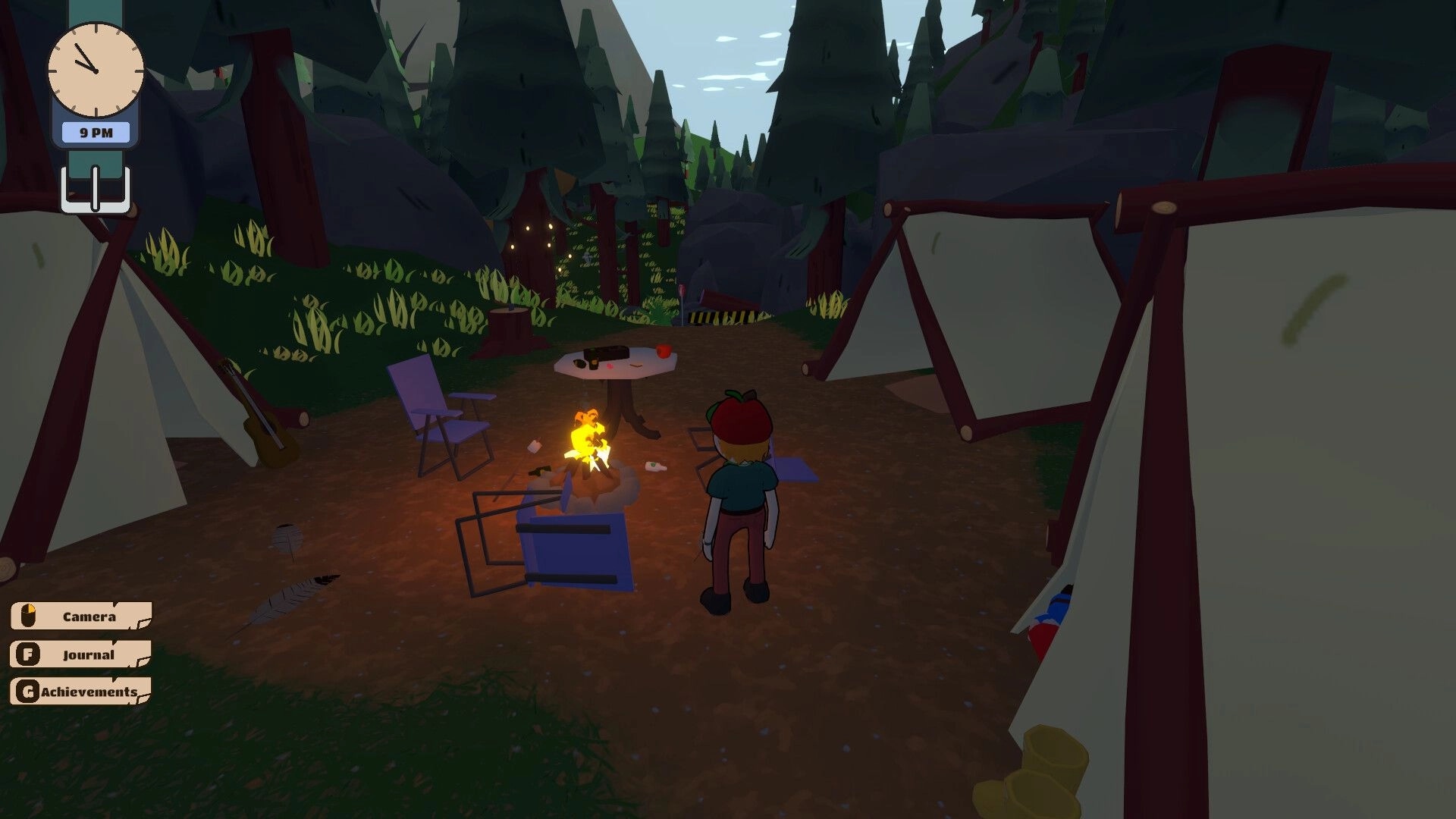 Nothing Strange Here: Character stands by a campfire with tents and forest around, UI shows 9 PM time.