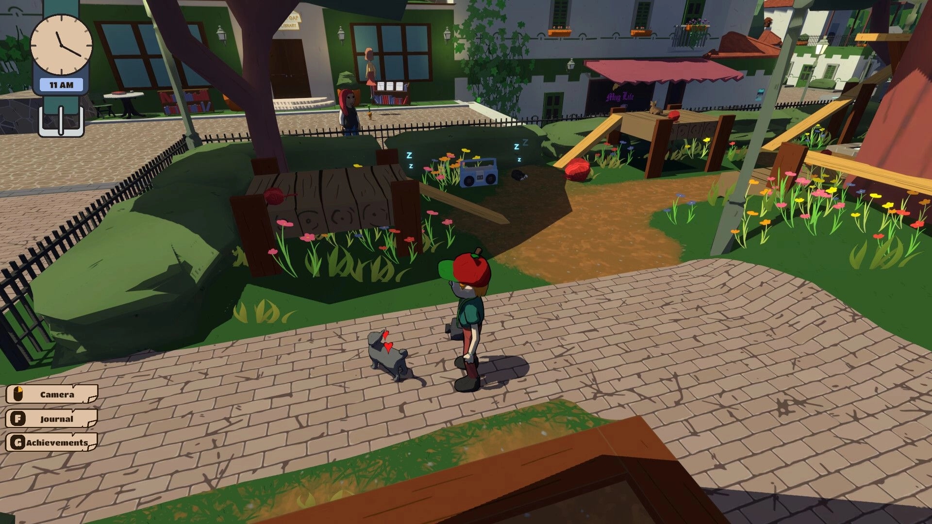 Nothing Strange Here: Player with dog explores park at 11 AM with journal and camera UI elements visible.