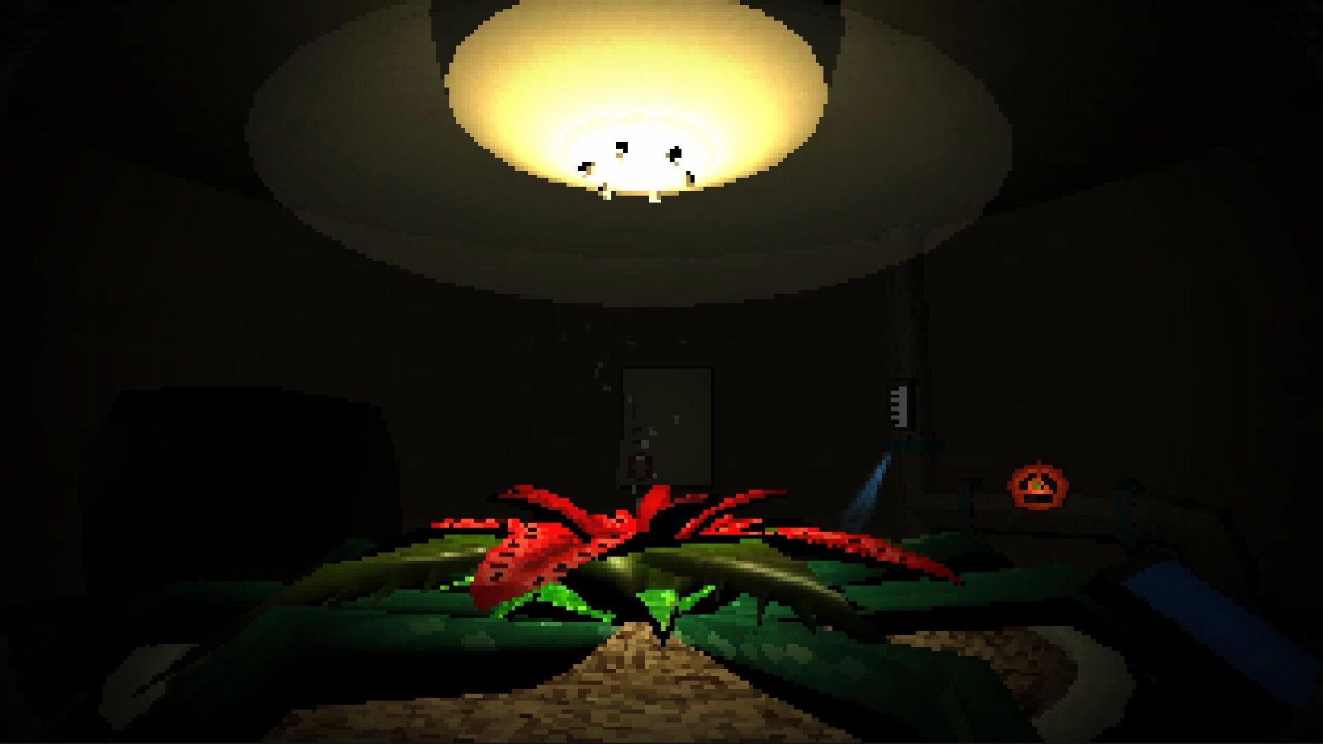 Nourish: Red alien plant under a bright ceiling light in a dark, retro-style spaceship room.