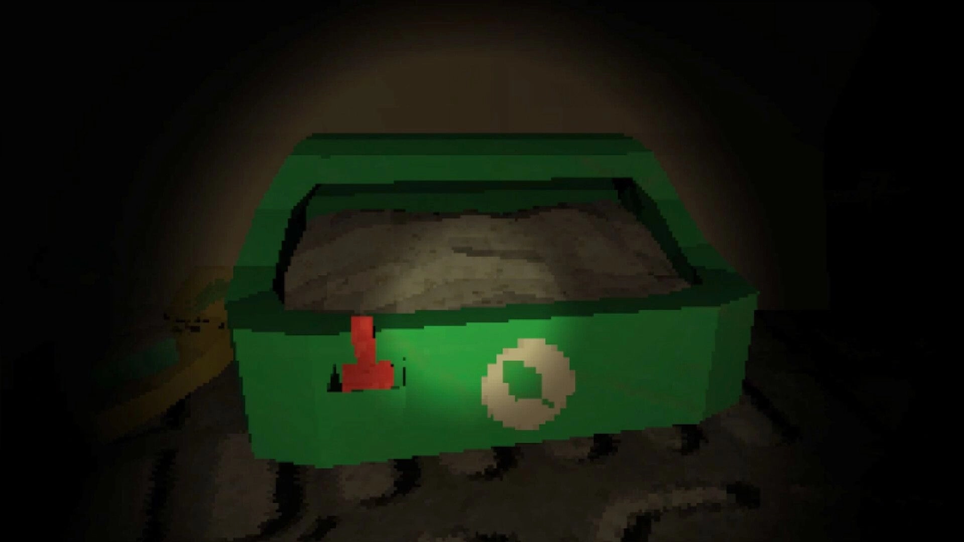 Nourish: Green container with soil under dim lighting, indicating resource management aboard the ship.