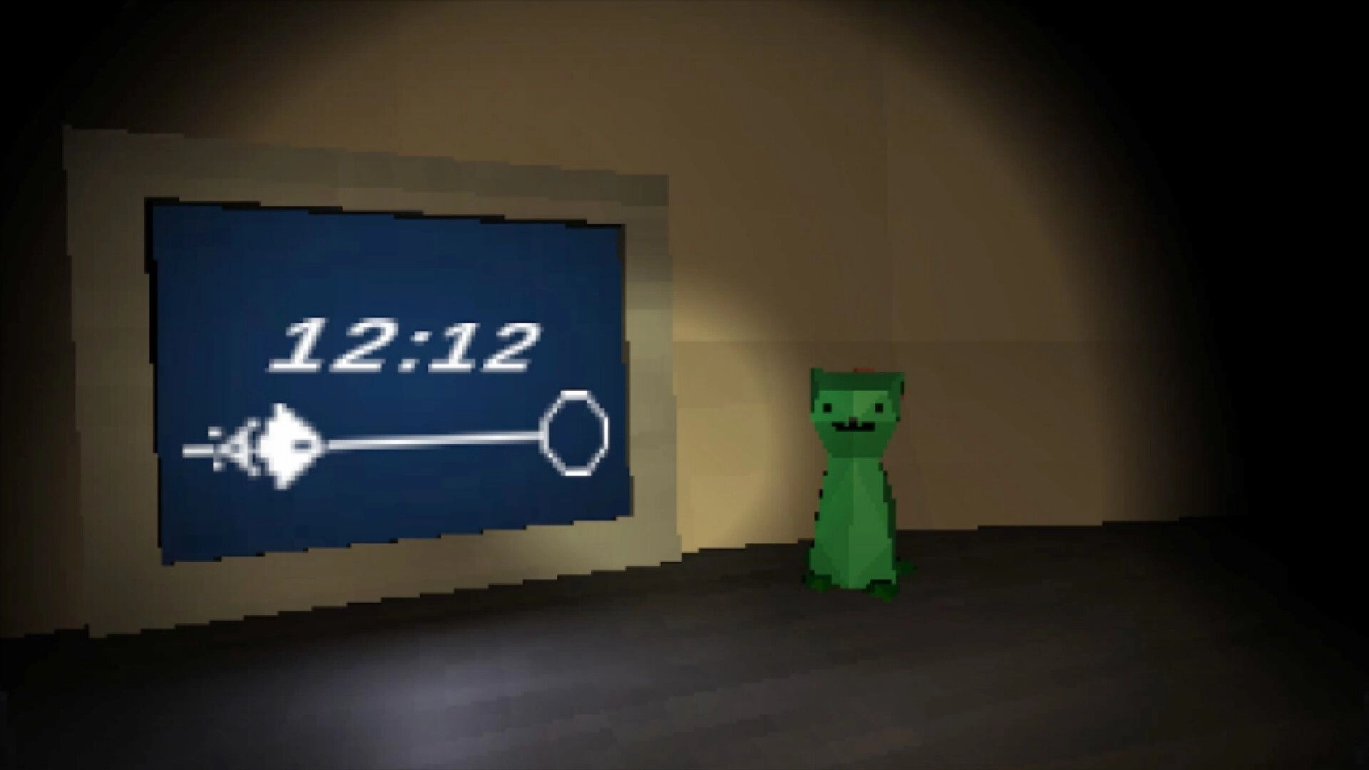 Nourish: Digital clock display shows 12:12 beside a small green alien plant in a dimly lit room.