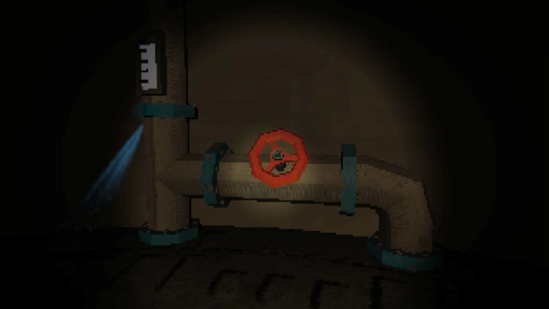 Nourish: Red valve on a dimly lit pipe with gauge, set in a dark, industrial ship environment.