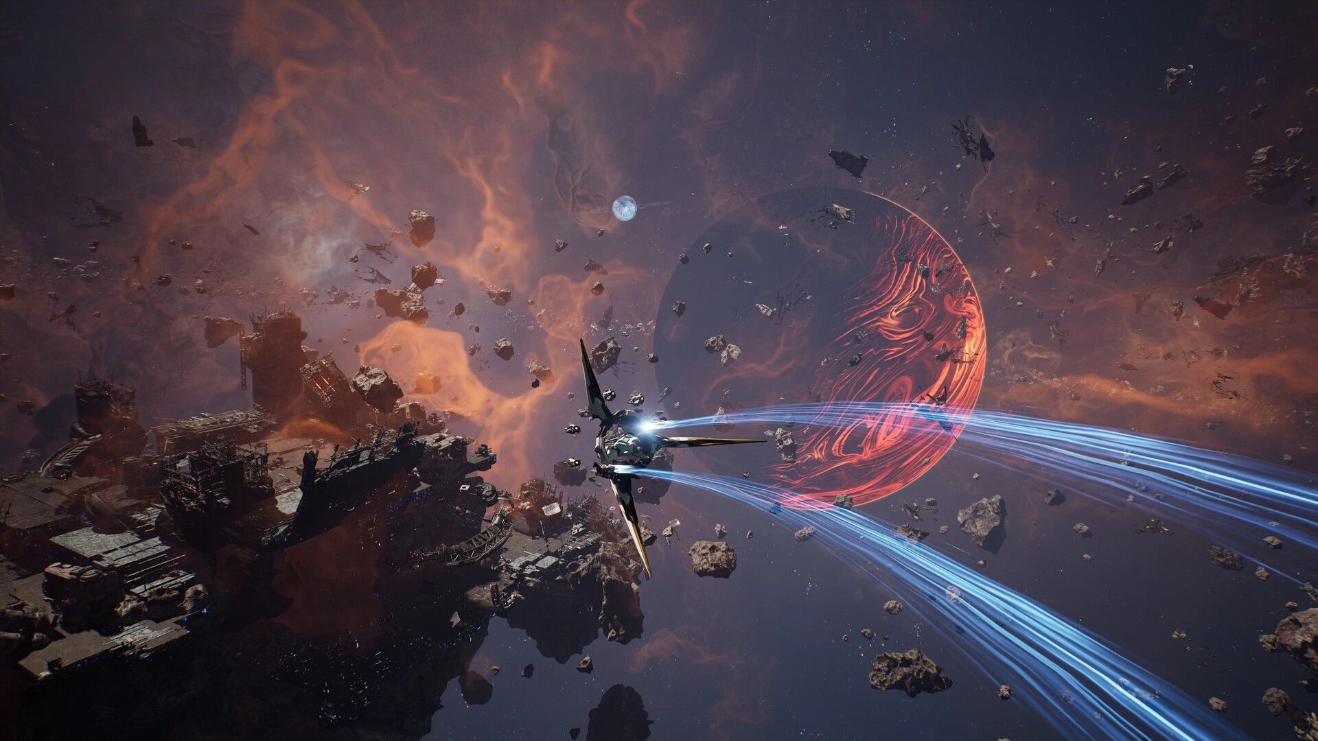 Nova Era: Sleek starfighter speeding past wreckage and asteroids toward a glowing red planet in space.