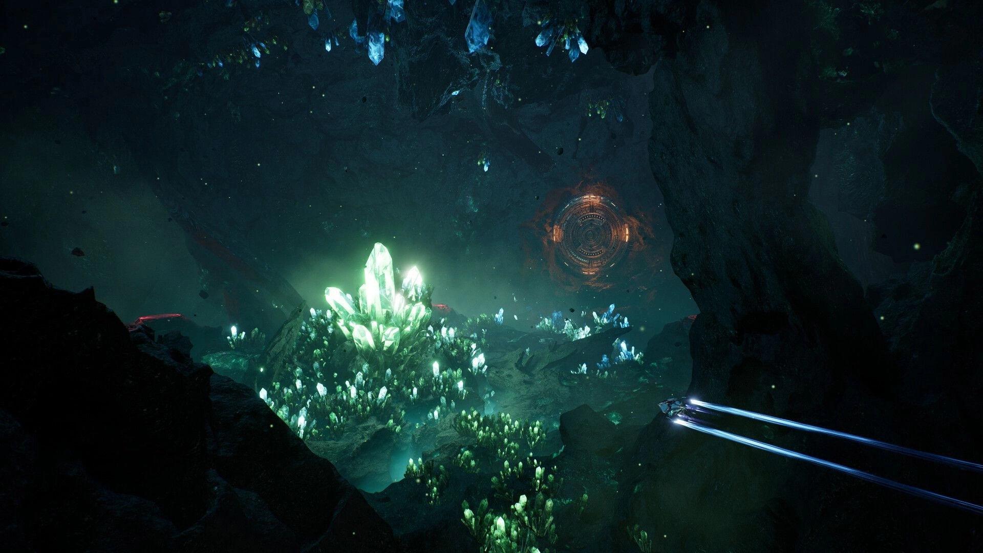 Nova Era: Small spaceship streaks past glowing crystal clusters inside a vast dark asteroid cavern.
