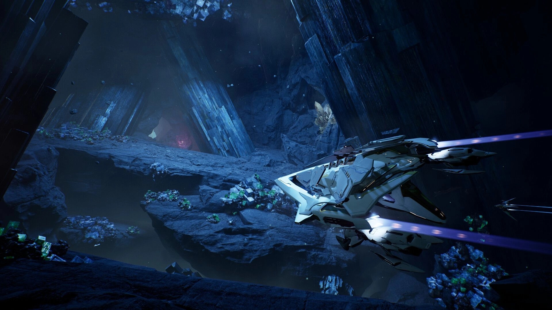 Nova Era: Sleek white spaceship flying through a rocky crystal cavern with glowing mineral clusters.