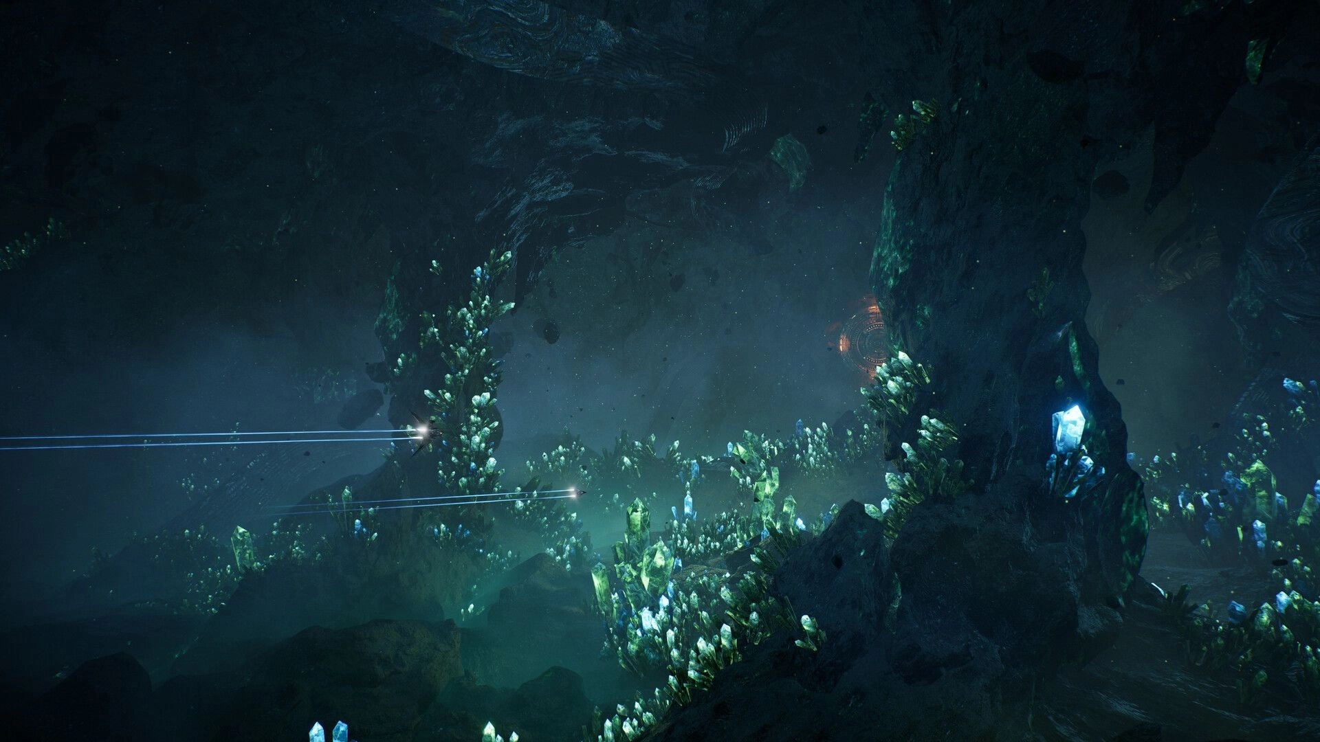 Nova Era: Small spacecraft streak through a glowing crystal cavern amid floating rocks and misty light.