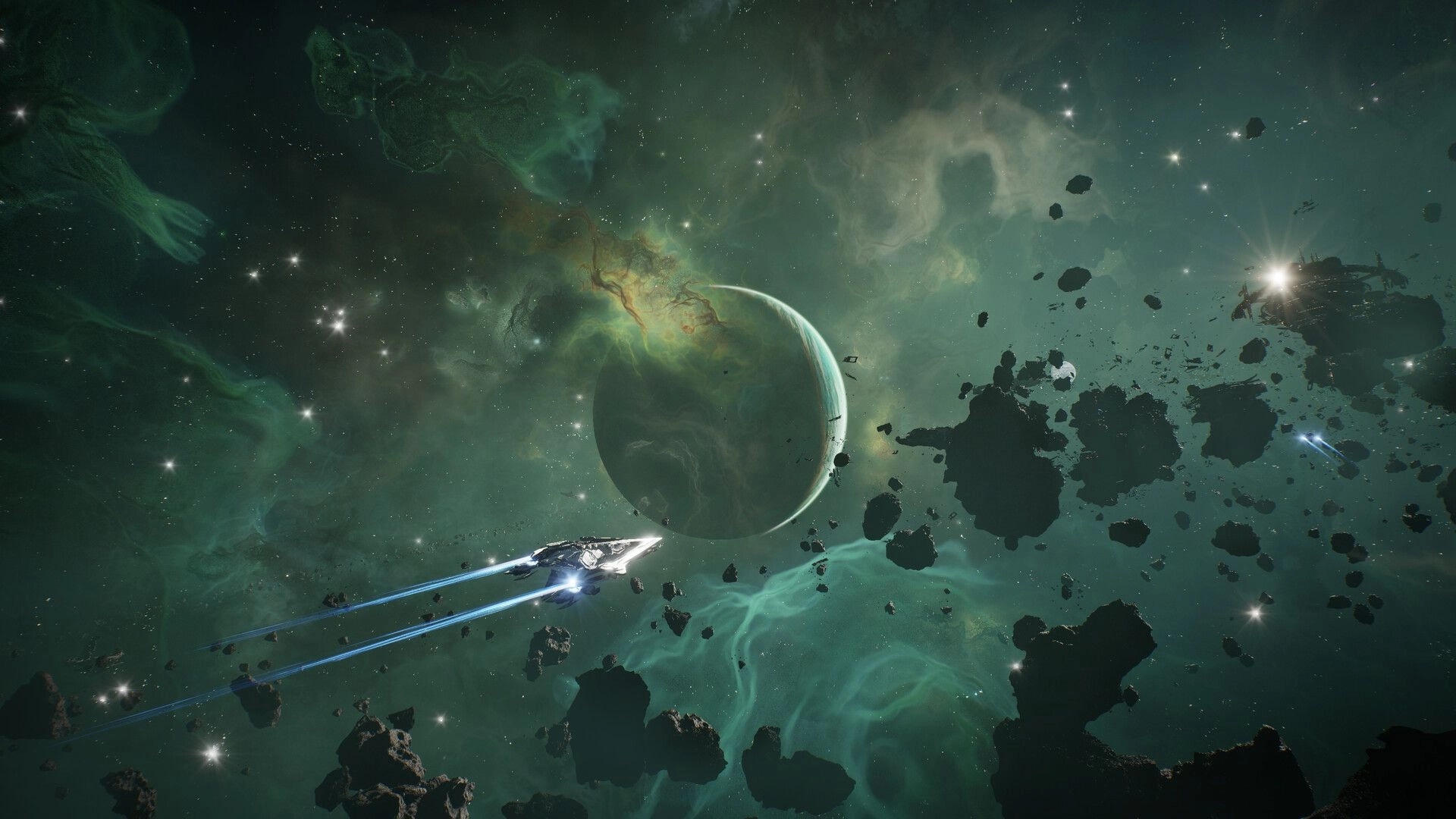 Nova Era: Sleek spaceship cruising past a green planet through a dense asteroid field in deep space.