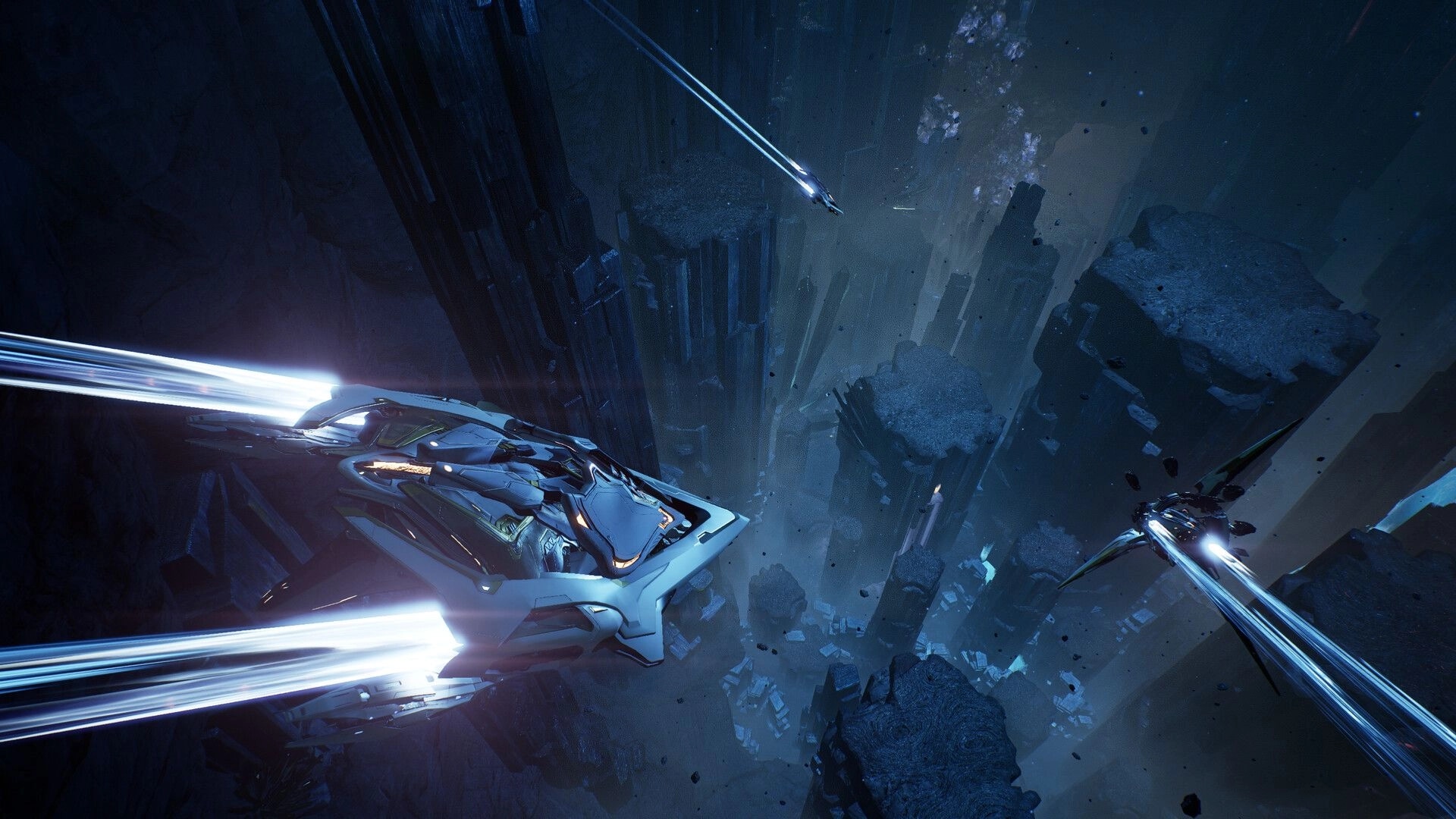 Nova Era: Sleek spacecraft racing past jagged floating asteroids in a dark blue cosmic canyon.