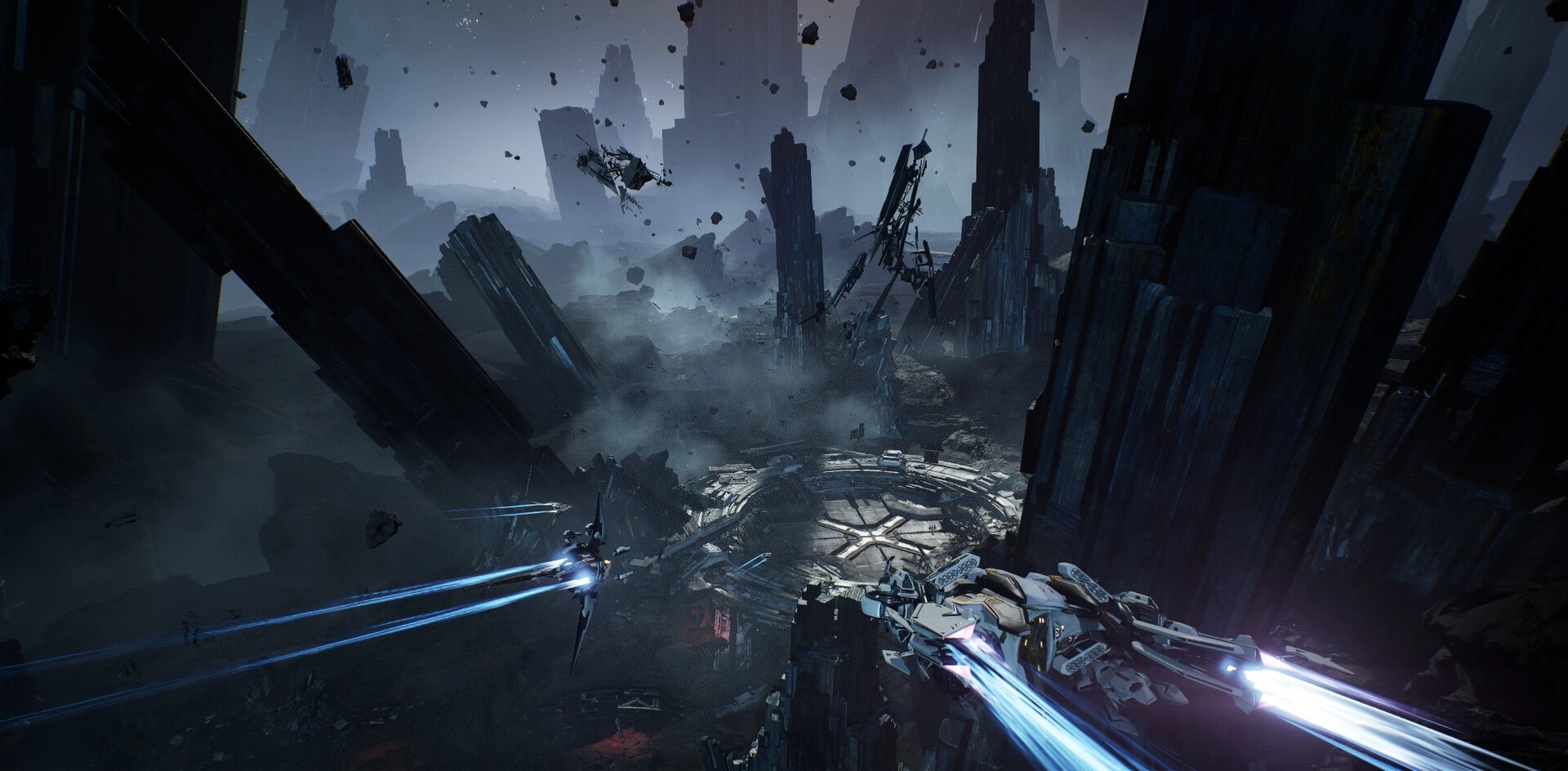 Nova Era: Two starfighters boost through debris over a ruined alien city of towering jagged spires.