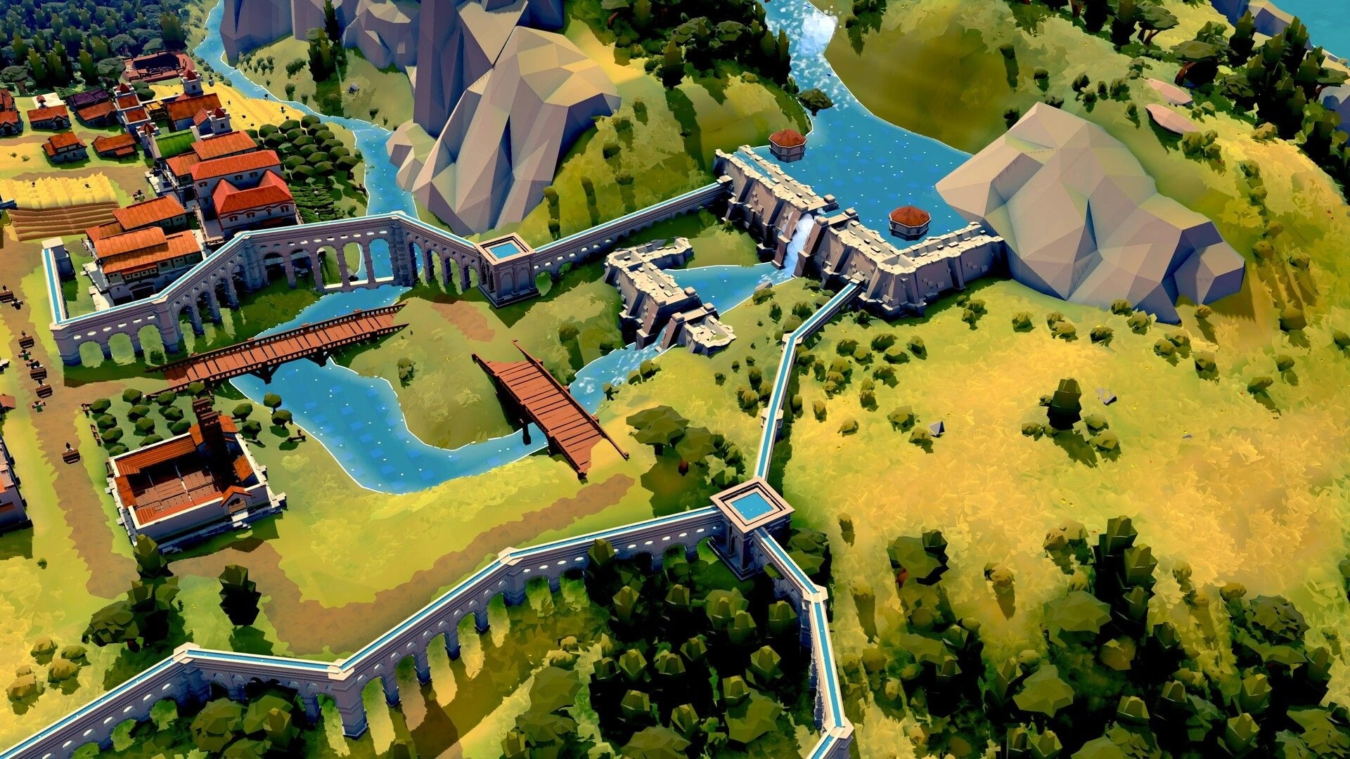 Nova Roma: Aqueducts and bridges span a lush landscape with rivers and mountains in a city-building view.