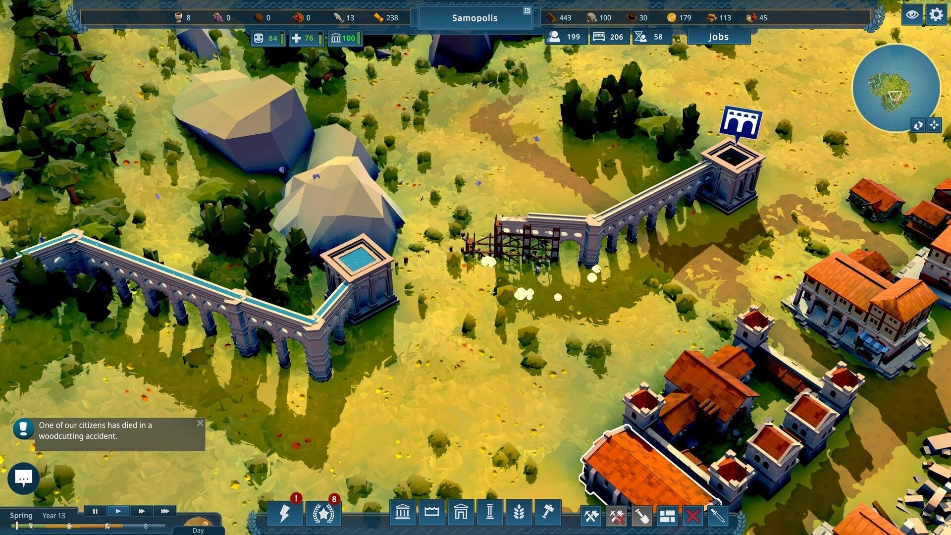 Nova Roma: Overhead view of aqueduct construction in Samopolis, with resource and notification panels visible.