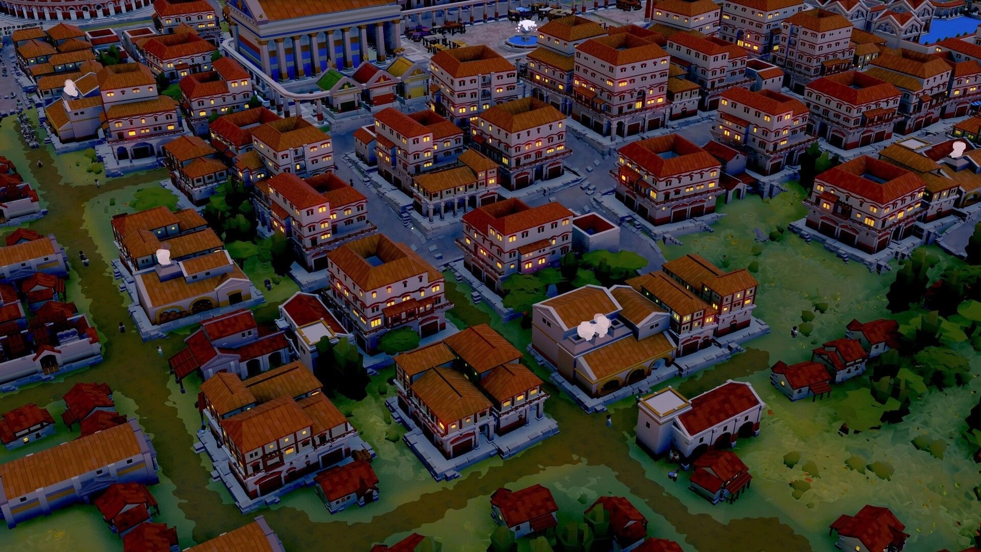 Nova Roma: Expansive cityscape with rows of Roman-style buildings and a grand forum in the background