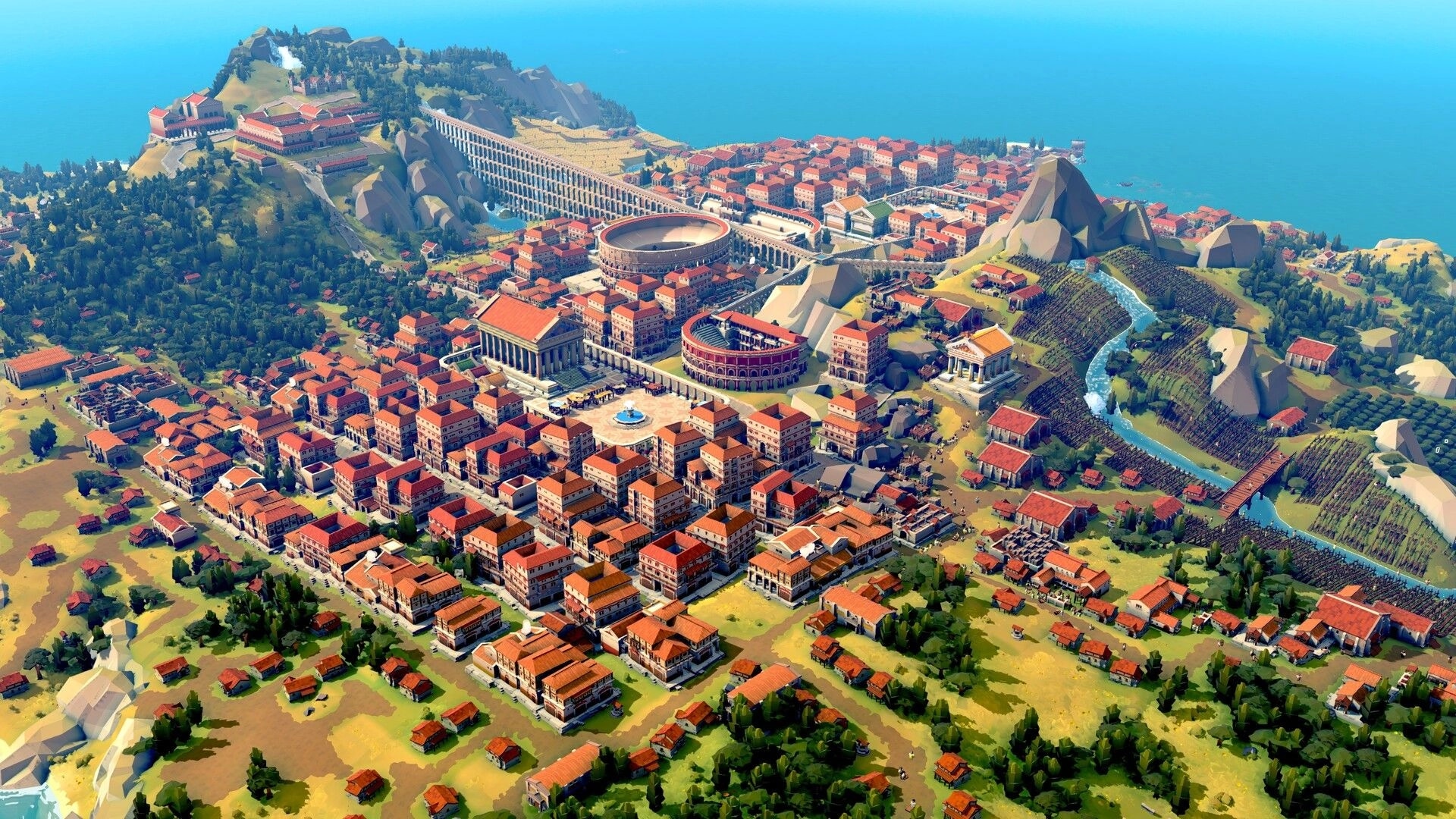 Nova Roma: Expansive cityscape with aqueducts, Colosseum, and lush hills in a vibrant Roman setting