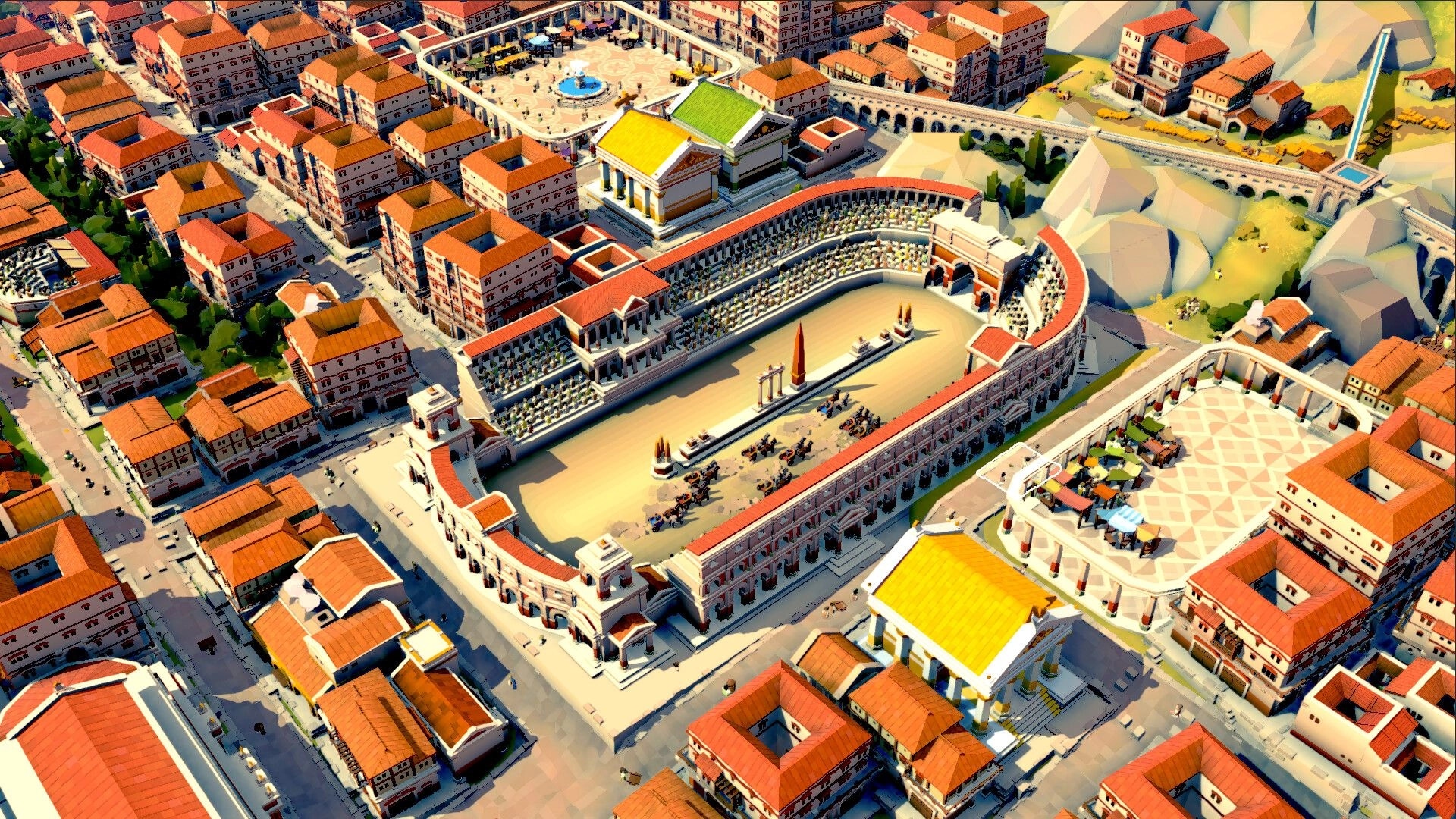 Nova Roma: Aerial view of bustling cityscape with amphitheater and marketplace surrounded by buildings