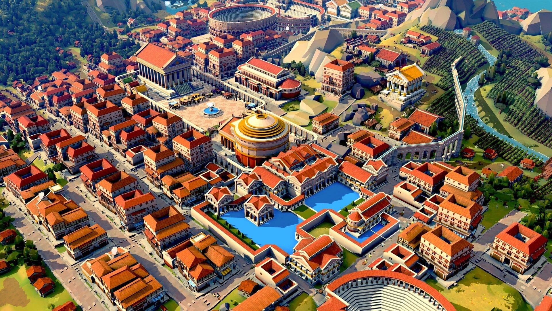 Nova Roma: Expansive aerial view of a bustling Roman city with temples, aqueducts, and amphitheater.