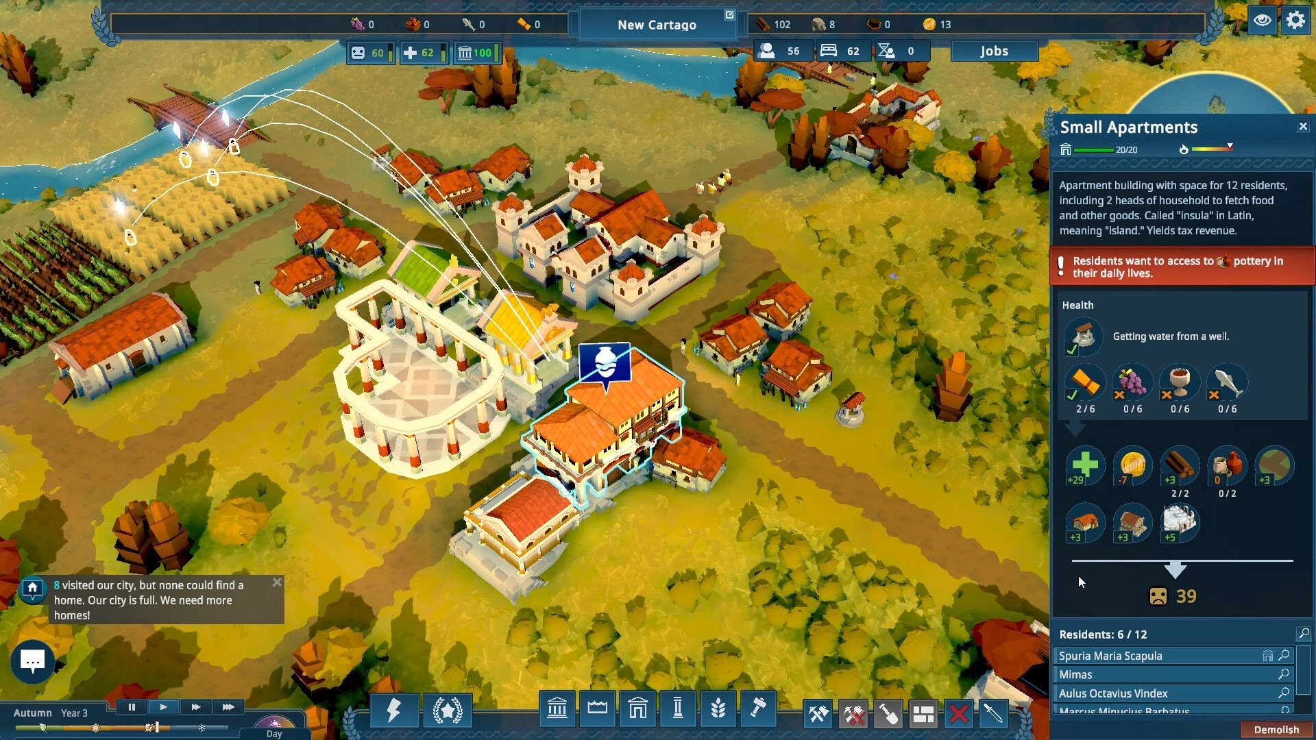 Nova Roma: City overview with housing, farms, and resource management UI in a vibrant Roman landscape