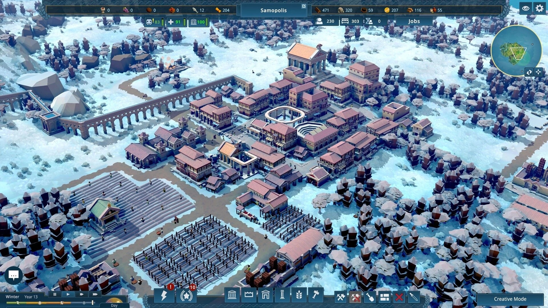 Nova Roma: Aerial view of Samopolis with aqueduct, buildings, and snowy landscape in Creative Mode