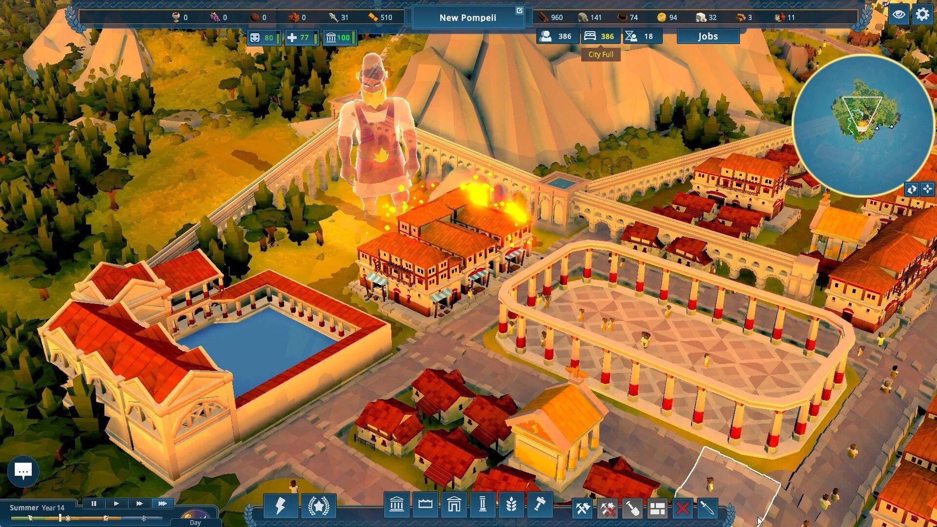 Nova Roma: Enormous deity figure overlooking burning buildings in a bustling Roman city under siege.