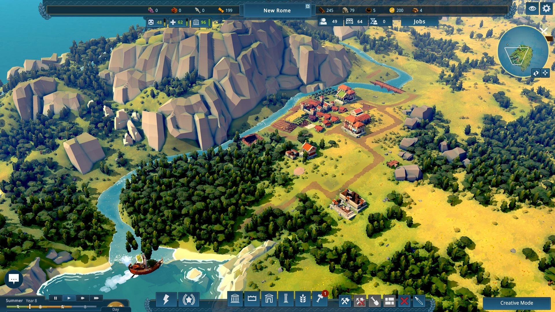 Nova Roma: Expansive cityscape view with river, buildings, forests, and interface icons in creative mode