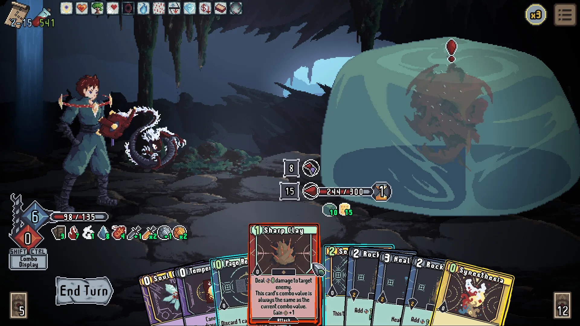 Novus Orbis: Player battles giant slime in cave, displaying card deck and health stats on screen.