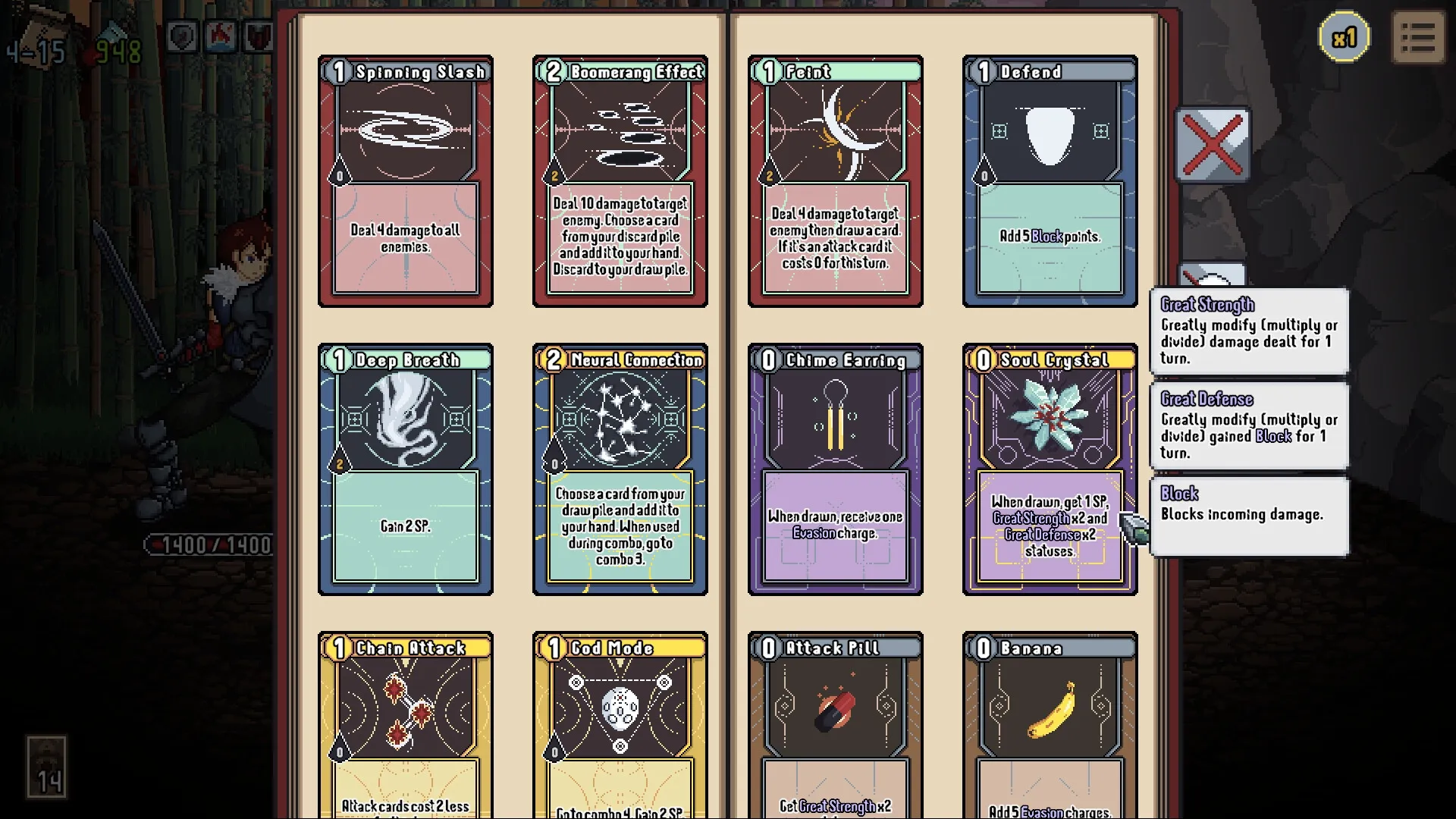 Novus Orbis: Deckbuilding interface with various cards and character partially visible in bamboo forest.