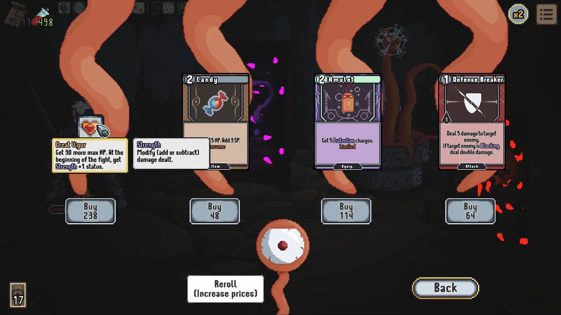 Novus Orbis: Card shop with "Candy," "Amulet," and "Defense Breaker" cards for purchase in dark lair.