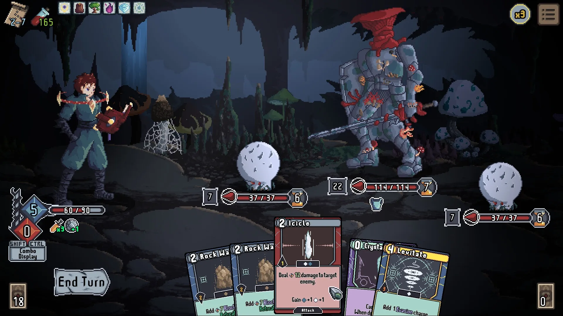 Novus Orbis: Player battles armored enemy and pet in dark cave, cards displayed at bottom of screen.