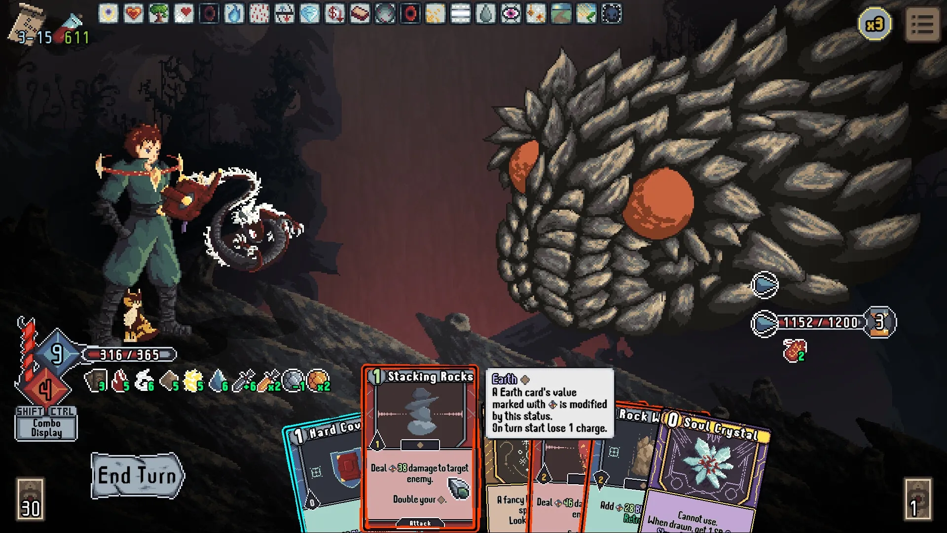 Novus Orbis: Player battles giant creature using card deck in dark rocky landscape with UI elements visible.