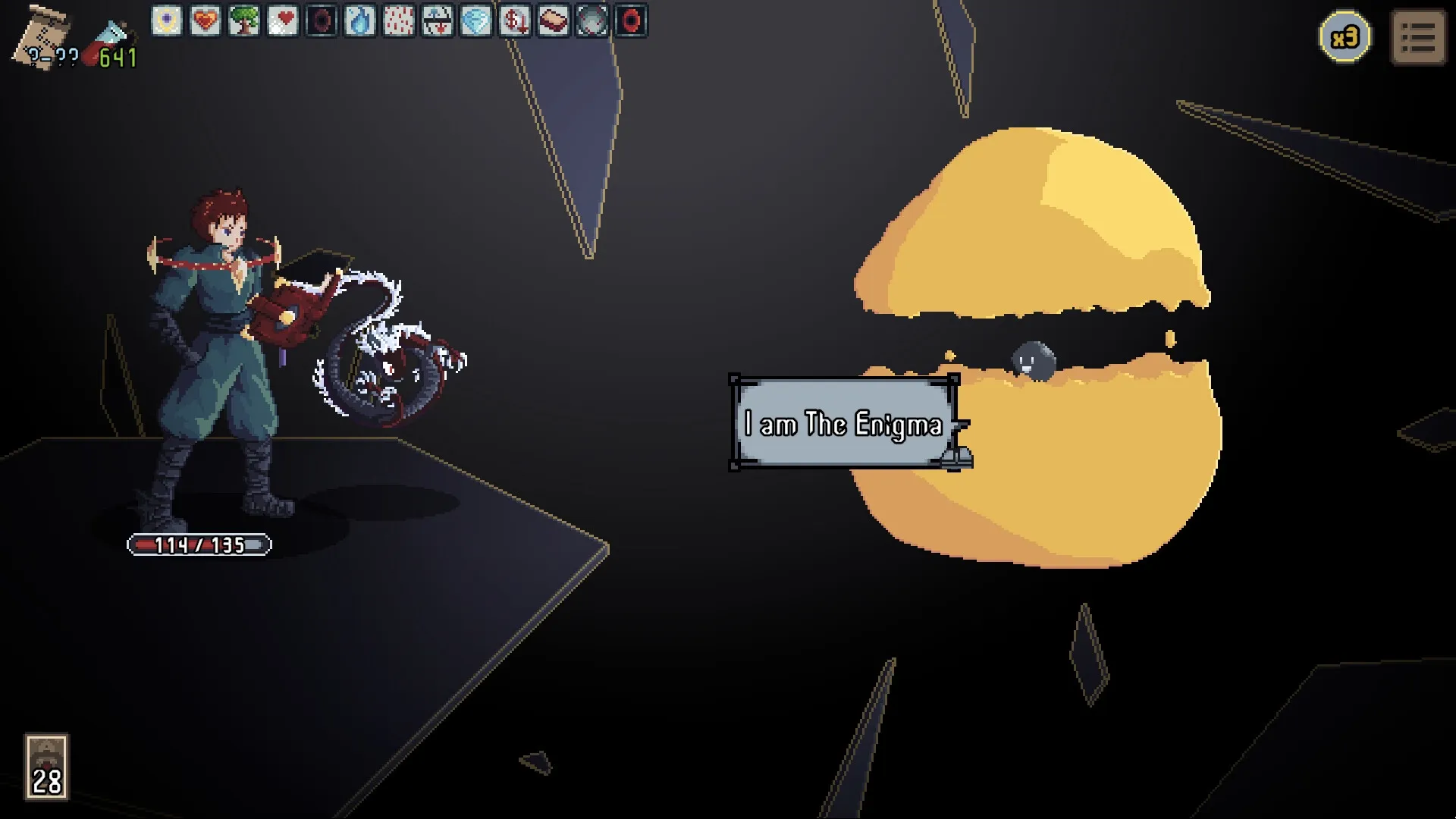 Novus Orbis: Character facing The Enigma in a dark void with card icons and health bar displayed.