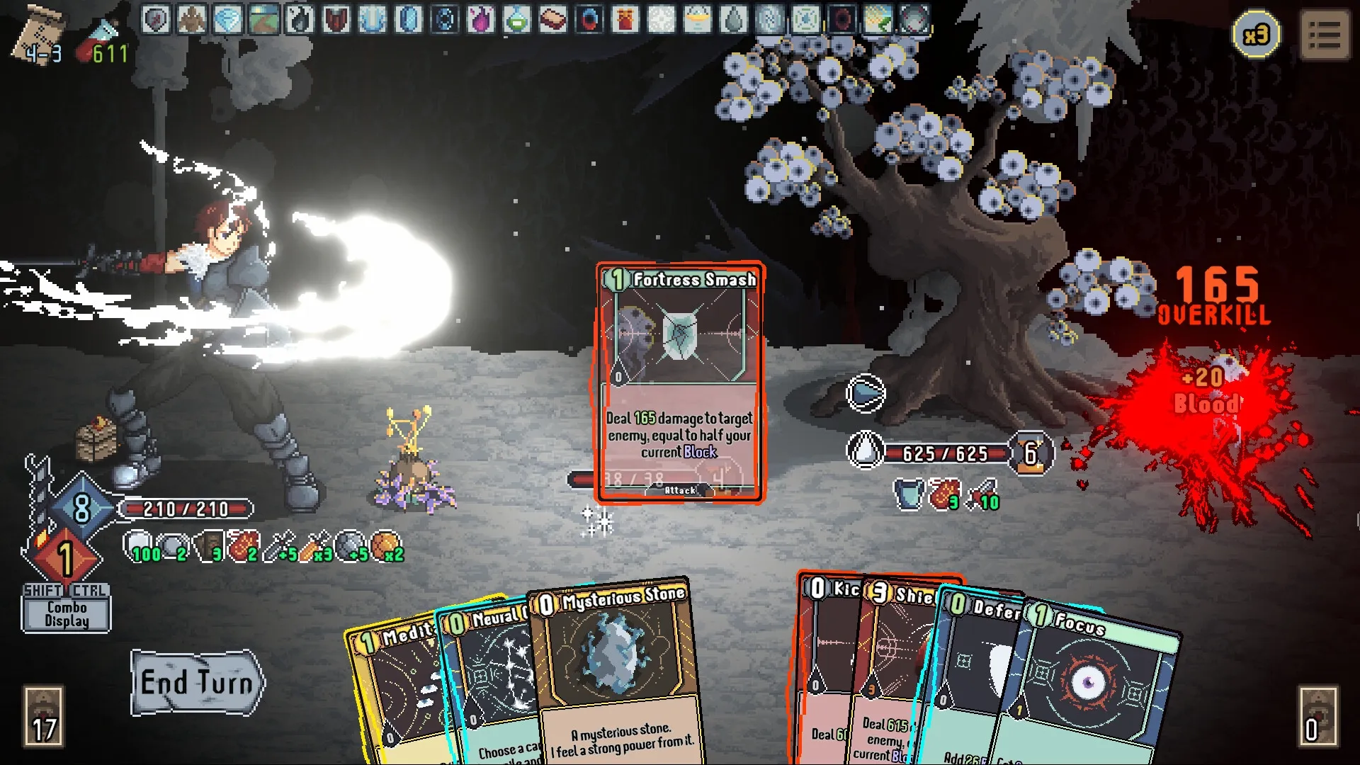 Novus Orbis: Player uses Fortress Smash card in combat, snowy landscape with blooming tree in background