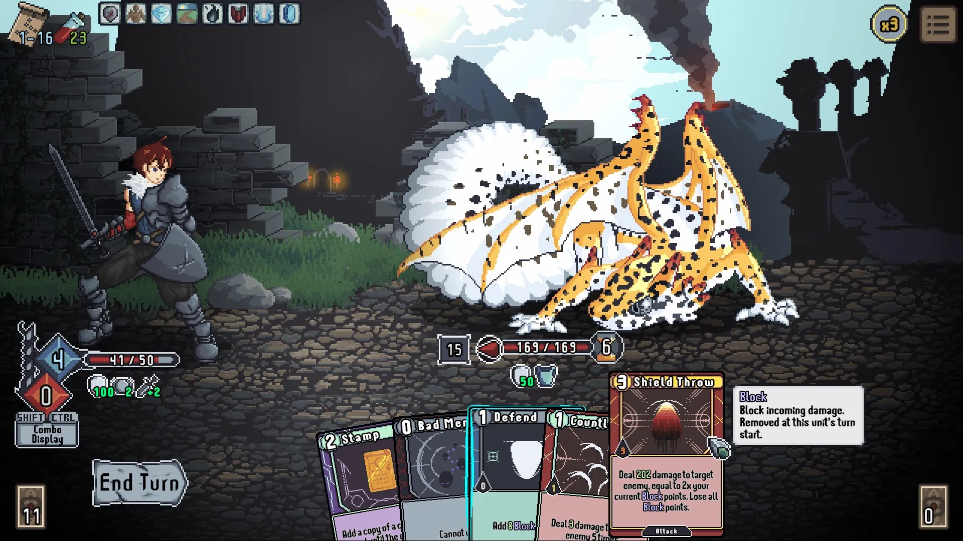 Novus Orbis: Knight faces a spotted dragon in ruins; health stats and card deck displayed below.