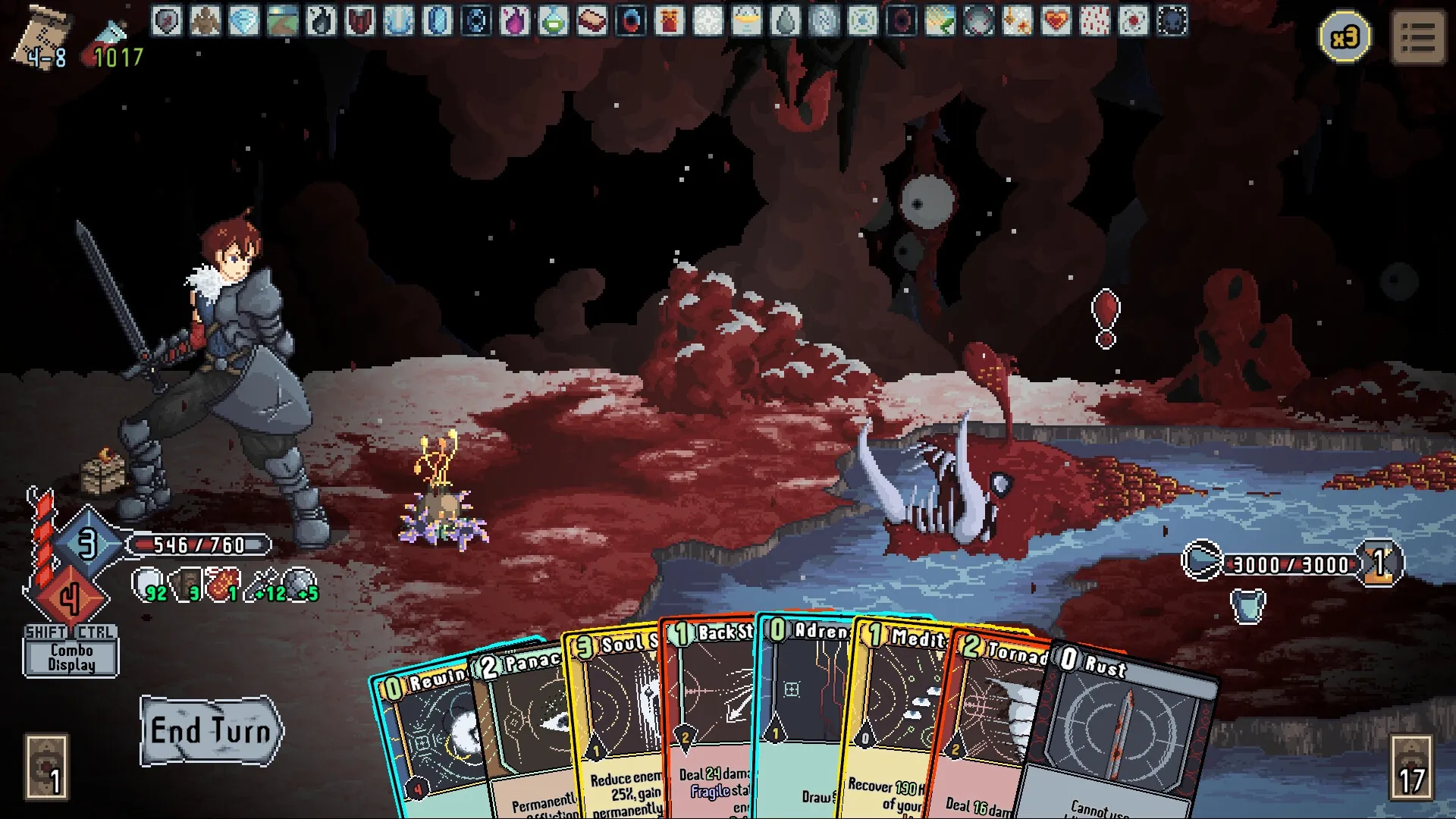 Novus Orbis: Player in armor with cards facing large monster on alien planet with dark, eerie atmosphere.