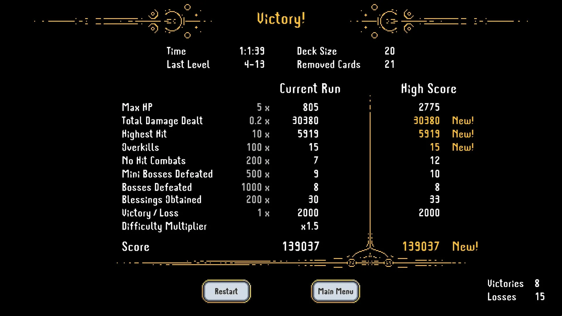 Novus Orbis: Victory screen displaying current run stats, high scores, and options for restart or menu