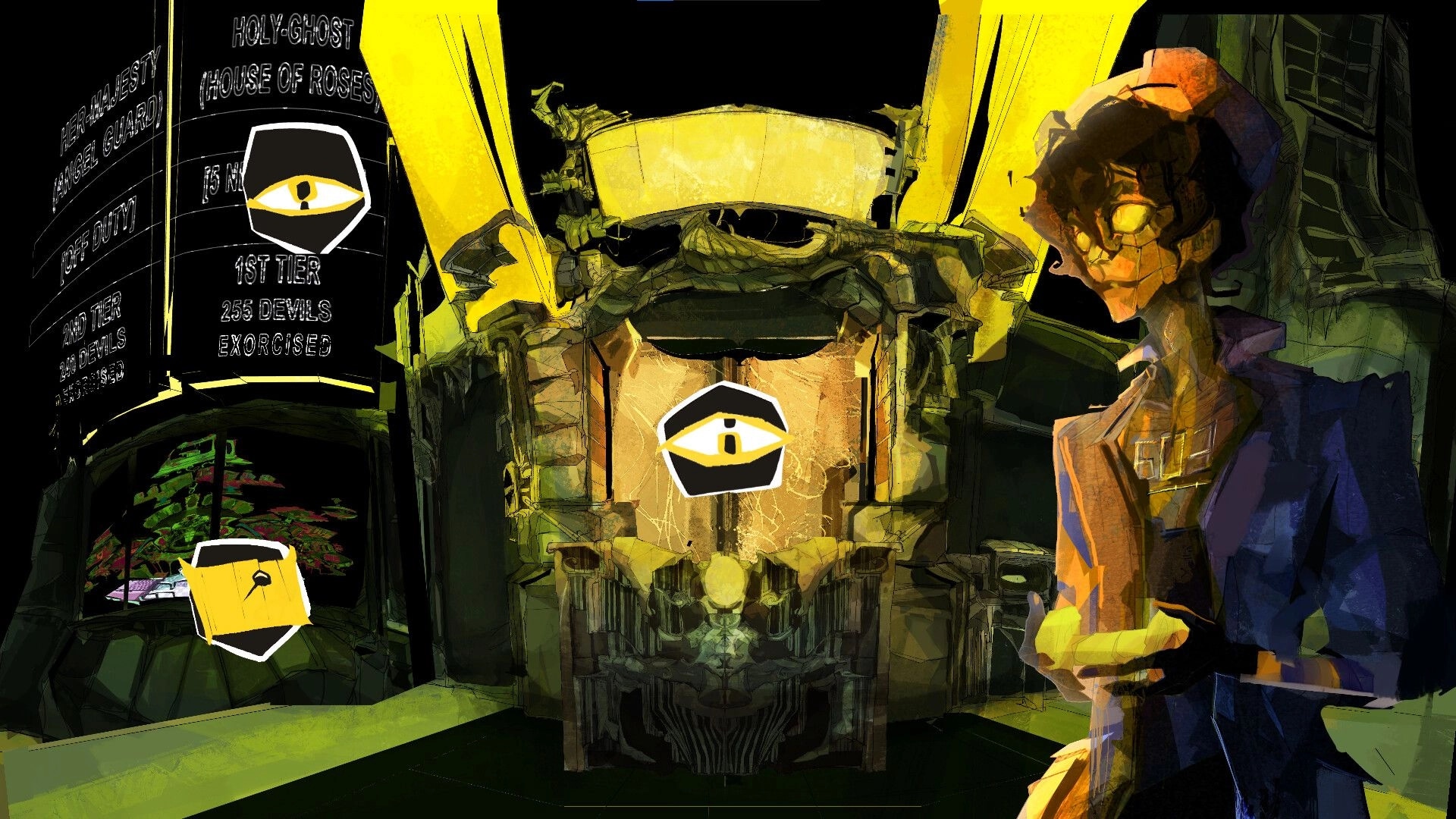 Nowhere Manor: Character beside ornate throne with eye icons and book UI in dim hall of banners.