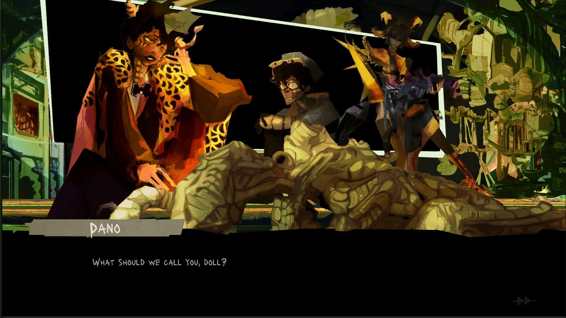 Nowhere Manor: Dano questions the player in dialogue UI as three figures loom over a fallen body indoors.