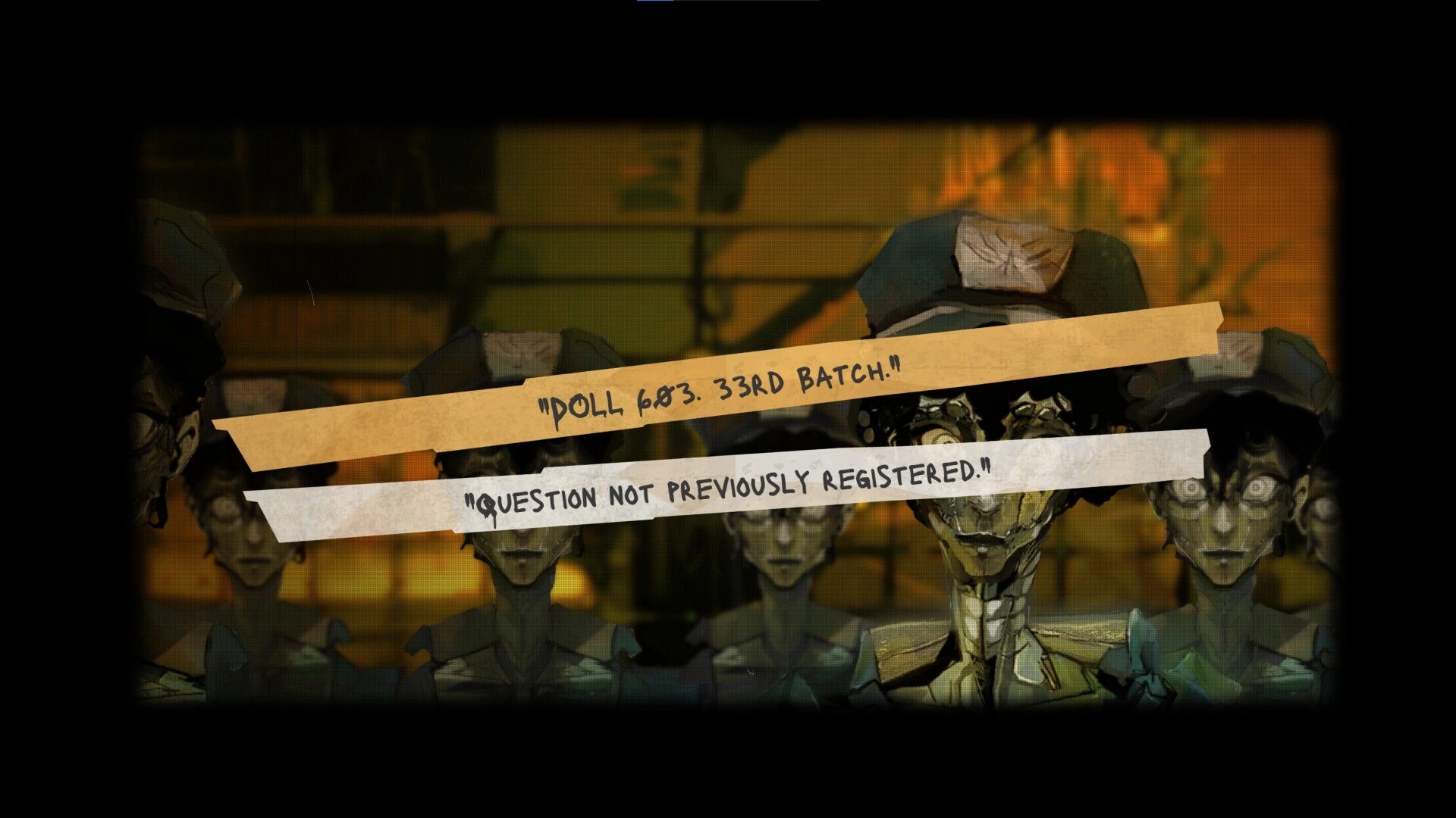Nowhere Manor: Dialogue choice ribbons over masked doll servants lined up in a dim, industrial hall.