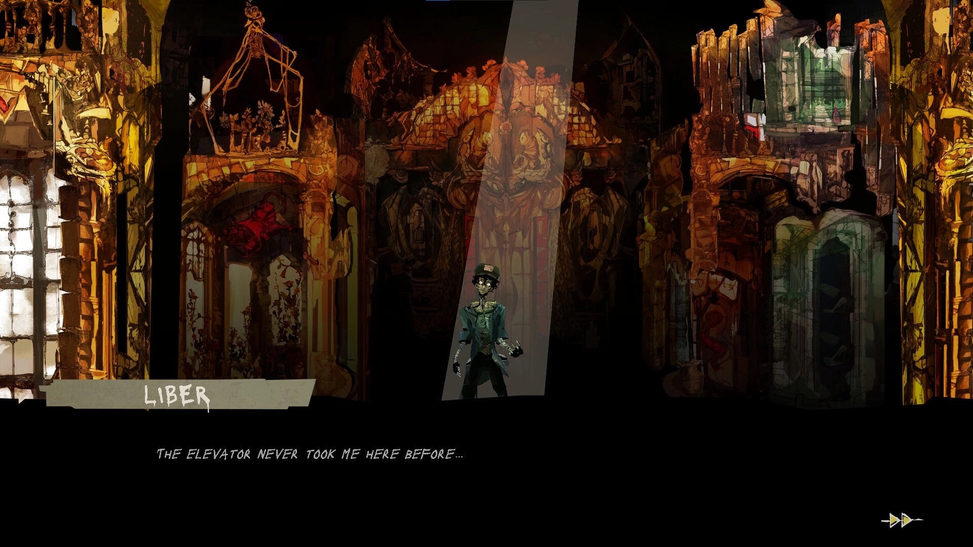 Nowhere Manor: Liber stands in a spotlight with dialogue box, inside a decayed ornate hall backdrop.