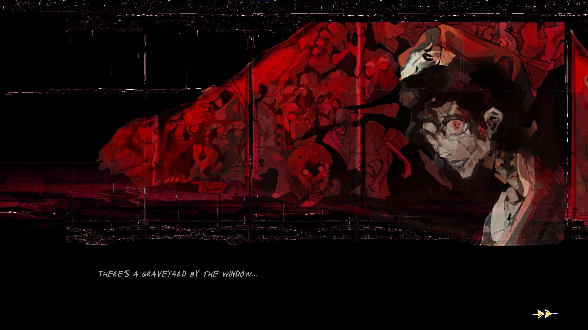 Nowhere Manor: Close-up of a terrified man amid red abstract shapes with dialogue text on black screen.