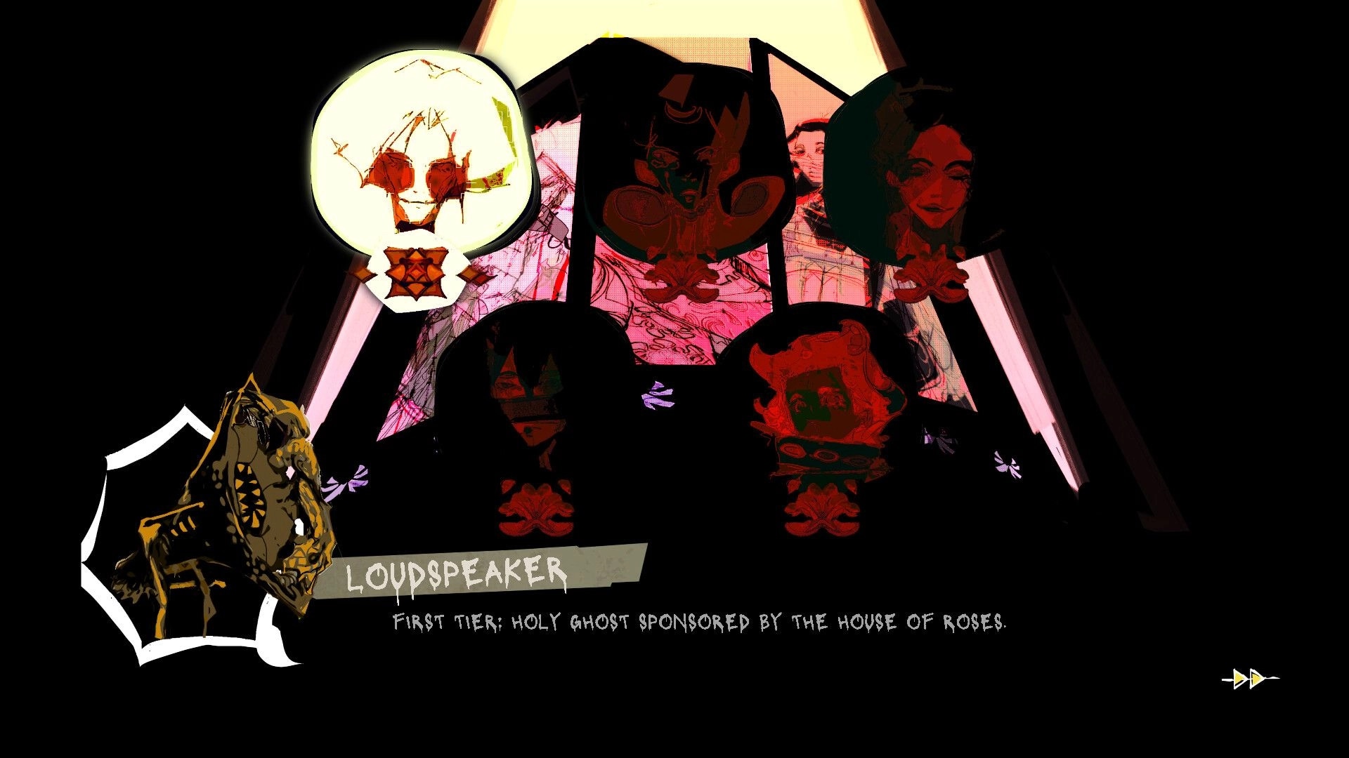 Nowhere Manor: Character profile for Loudspeaker with portraits and text on a dark abstract backdrop.