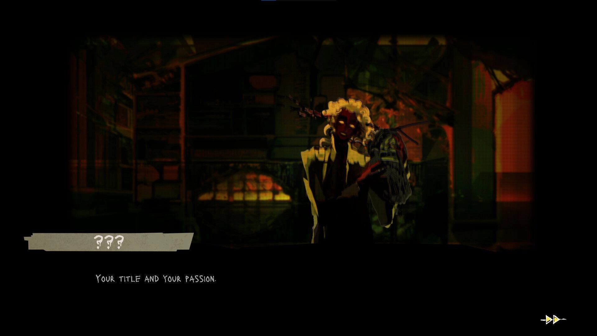 Nowhere Manor: Shadowy figure with glowing eyes speaks in dialogue box inside dim mansion hall.