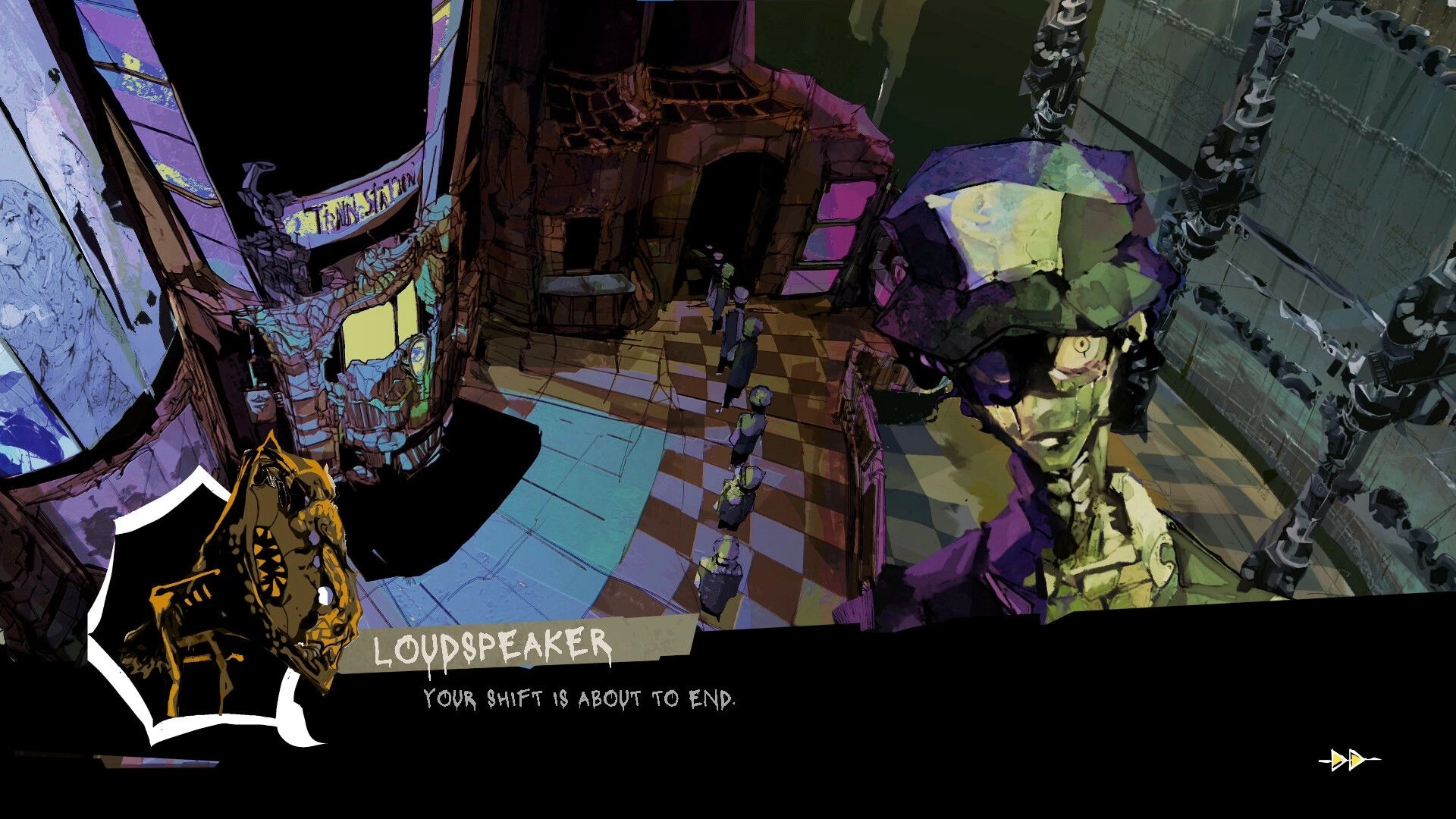 Nowhere Manor: Loudspeaker dialogue box as workers line up outside a cracked train station hall.