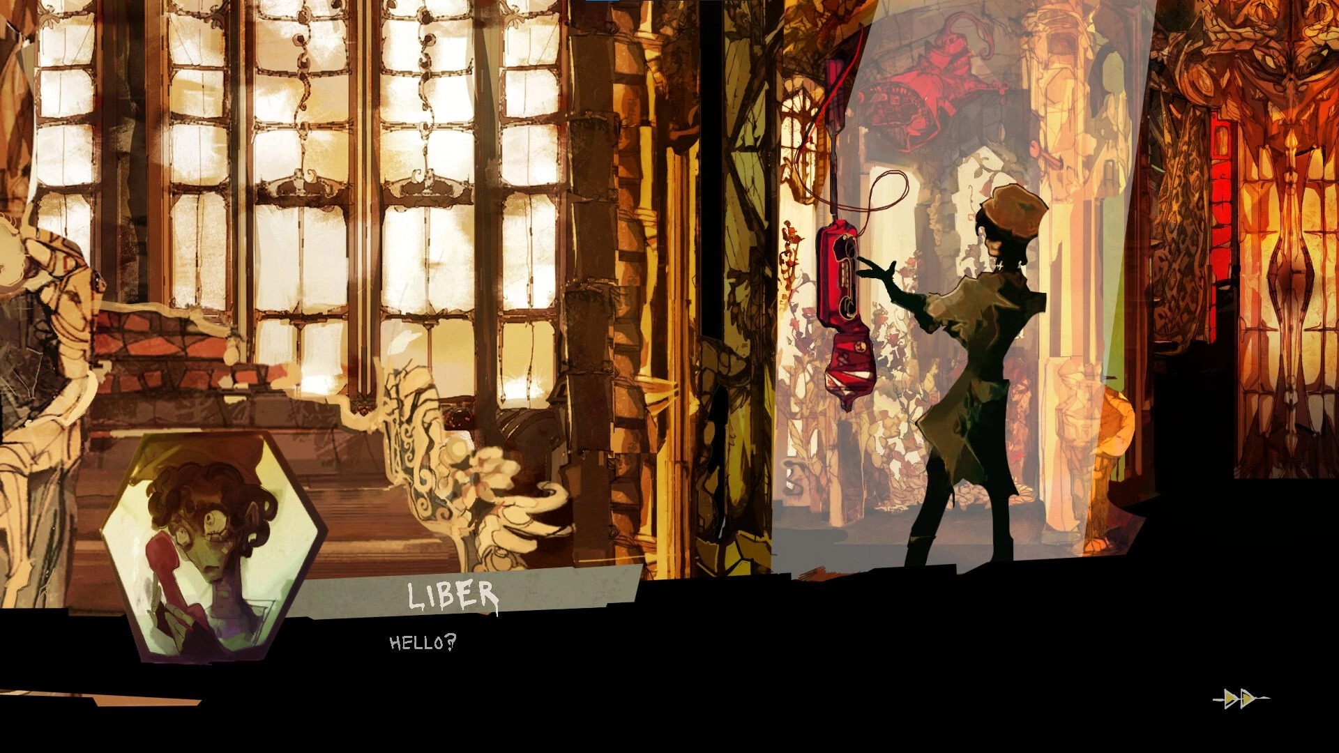 Nowhere Manor: Liber answers a red wall phone, dialogue box reads "HELLO?" in ornate hall interior.